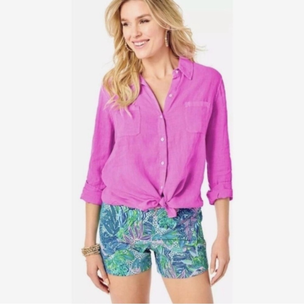 Lilly Pulitzer Top Linen Button Down Shirt Size S